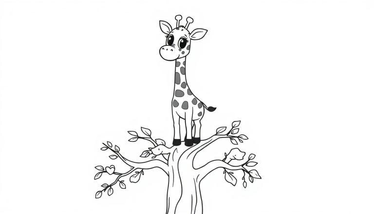 Schwarz-Weiß-Farbtafel einer niedlichen Cartoon-Giraffe, die auf den Ästen eines Baumes steht.