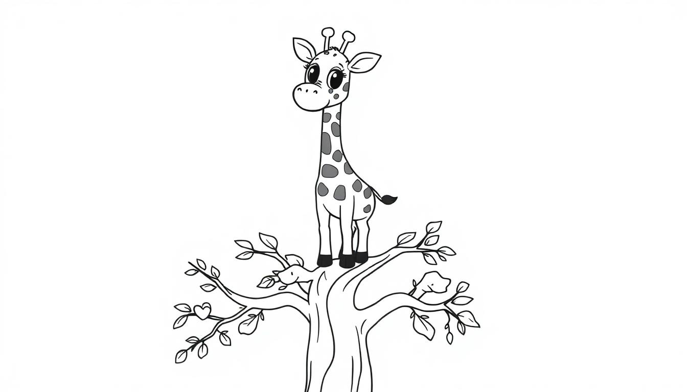 Schwarz-Weiß-Farbtafel einer niedlichen Cartoon-Giraffe, die auf den Ästen eines Baumes steht.