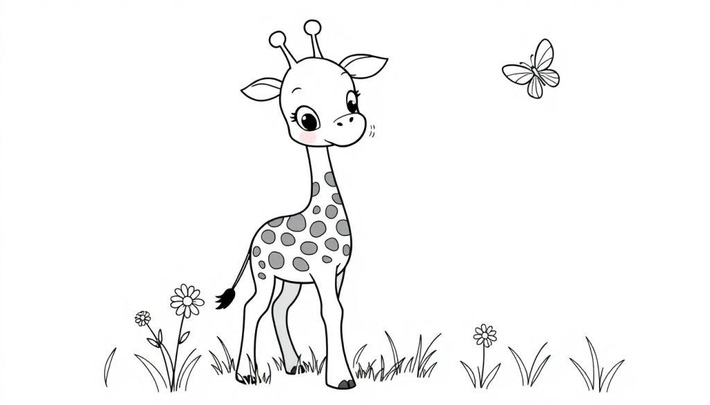 Schwarz-Weiß-Farbtafel-Illustration eines süßen Giraffenbabys, das Blumen betrachtet.
