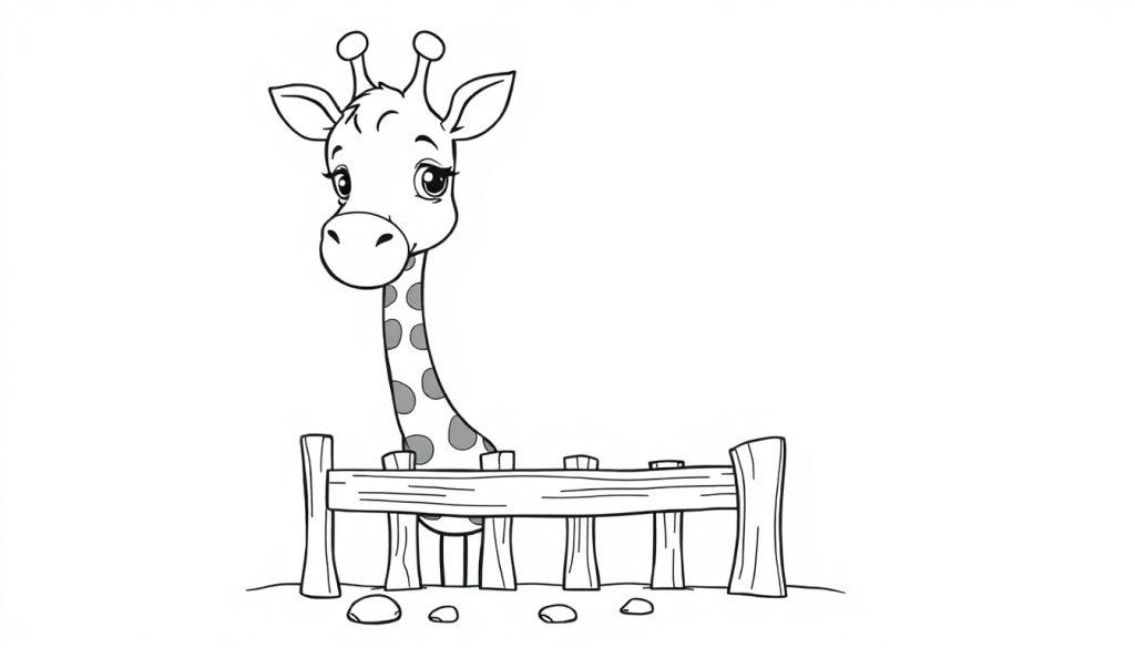 Eine niedliche Cartoon-Giraffe schaut über einen Holzzaun. Eine Farbtafel zum Ausmalen.