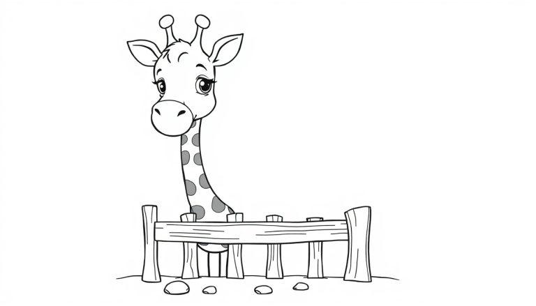 Eine niedliche Cartoon-Giraffe schaut über einen Holzzaun. Eine Farbtafel zum Ausmalen.