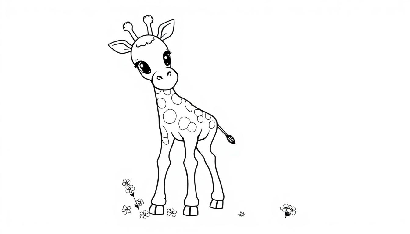 Eine schwarz-weisse Farbtafel eines niedlichen Giraffenbabys mit grossen Augen, das neugierig zur Seite blickt, steht auf einer Wiese mit kleinen Blumen.