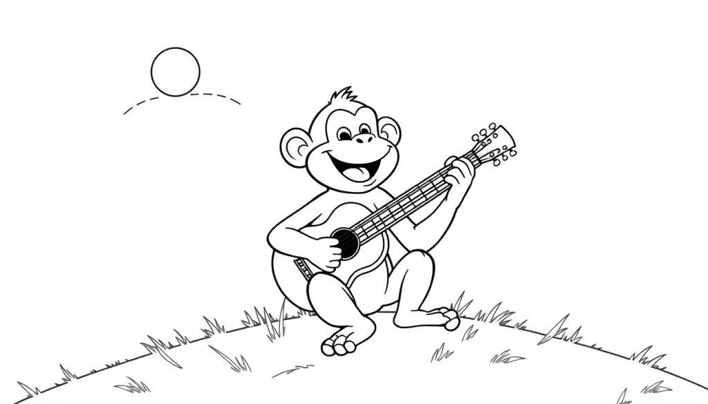 Glücklicher Affe spielt Gitarre auf einem Hügel
