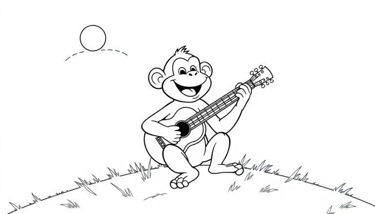 Glücklicher Affe spielt Gitarre auf einem Hügel