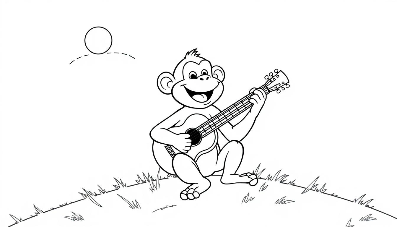 Glücklicher Affe spielt Gitarre auf einem Hügel