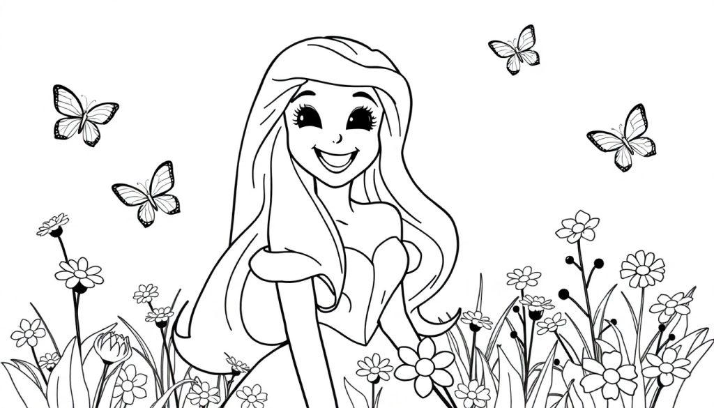 Eine lächelnde Frau mit langen Haaren in einem Blumenfeld, als Schwarz-Weiß-Farbtafel-Zeichnung für Kinder.