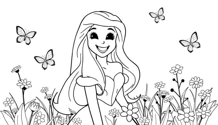 Eine lächelnde Frau mit langen Haaren in einem Blumenfeld, als Schwarz-Weiß-Farbtafel-Zeichnung für Kinder.