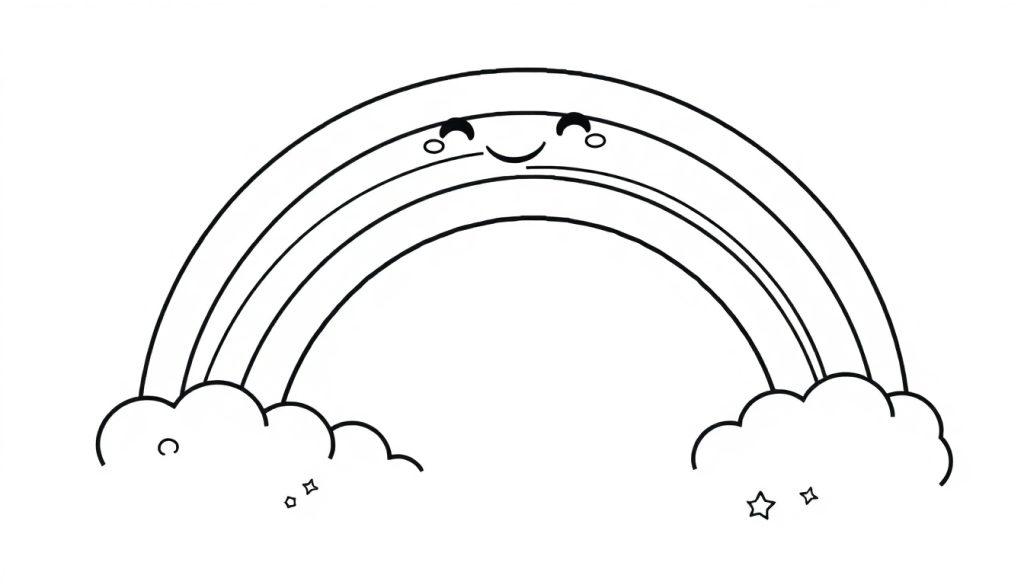 Eine niedliche Schwarz-Weiß-Farbtafel eines lächelnden Regenbogens mit Wolken und Sternen.