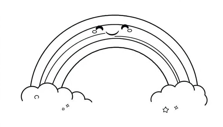 Eine niedliche Schwarz-Weiß-Farbtafel eines lächelnden Regenbogens mit Wolken und Sternen.