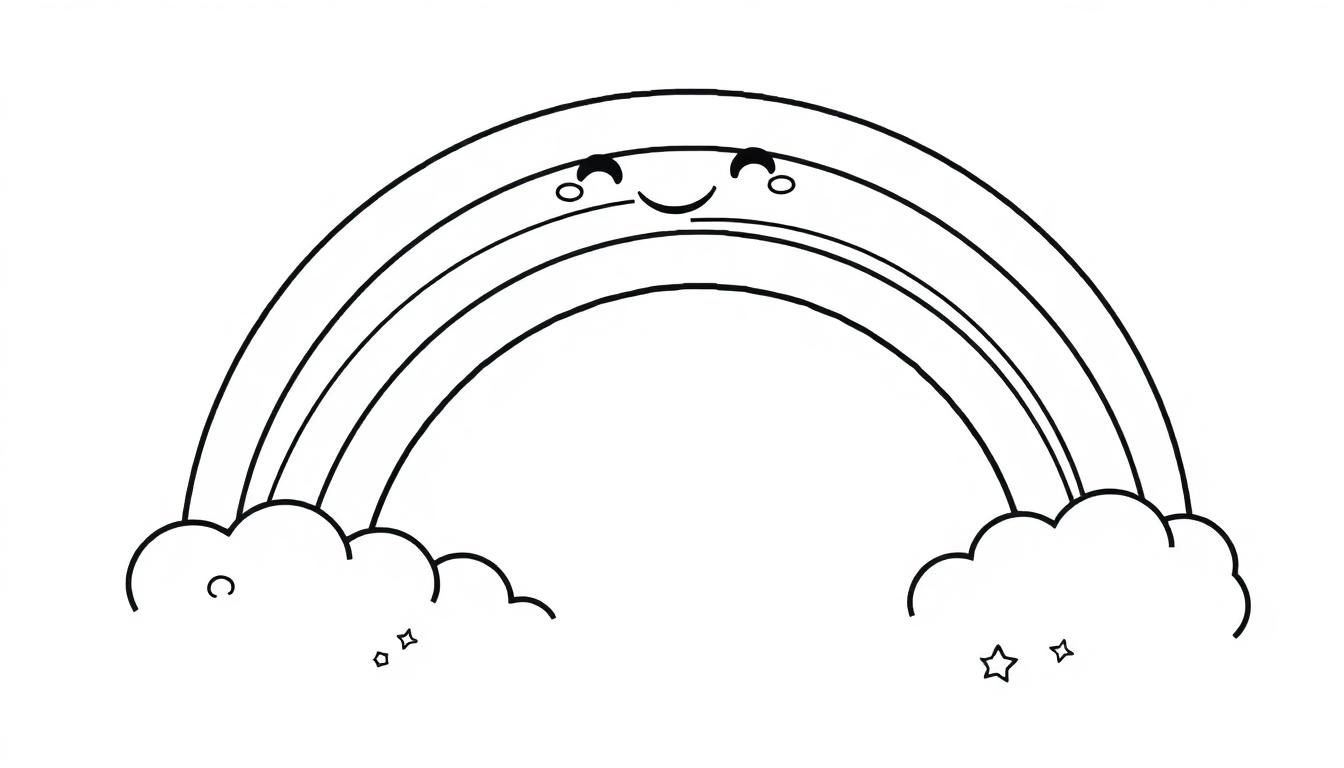 Eine niedliche Schwarz-Weiß-Farbtafel eines lächelnden Regenbogens mit Wolken und Sternen.