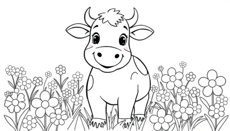 Eine niedliche Cartoon-Kuh mit schwarzen Flecken, die in einem Blumenfeld steht.