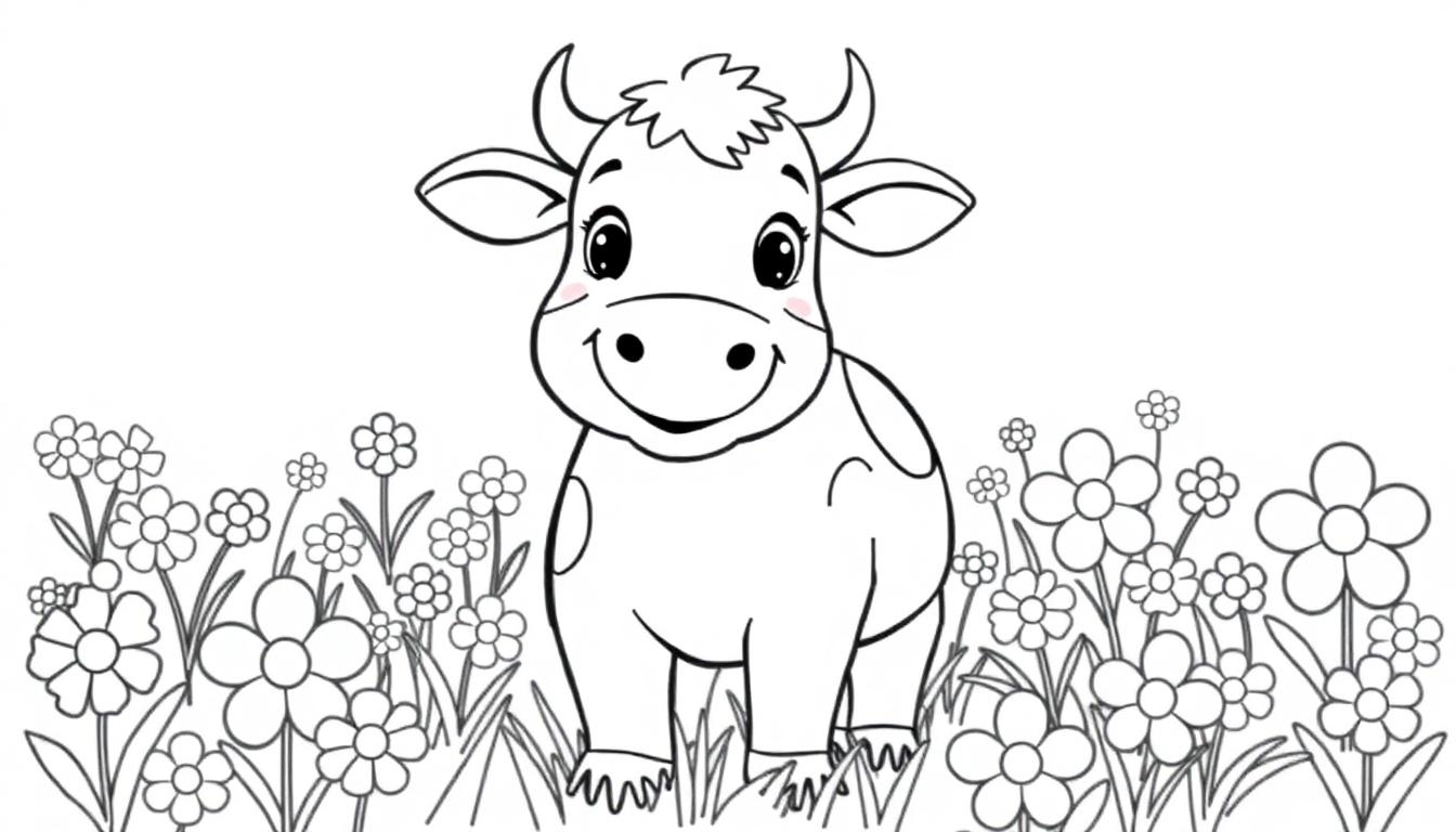 Eine niedliche Cartoon-Kuh mit schwarzen Flecken, die in einem Blumenfeld steht.