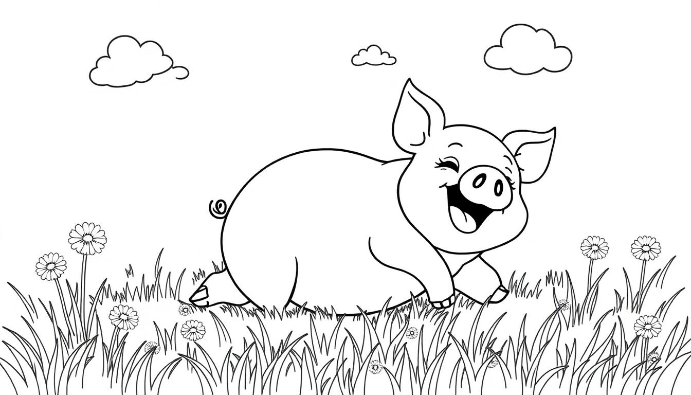 Schwarz-Weiß-Farbtafel eines niedlichen, lächelnden Schweins mit runden Ohren und geringeltem Schwanz, das auf einer Wiese mit Gänseblümchen sitzt, drei Wolken im Hintergrund.