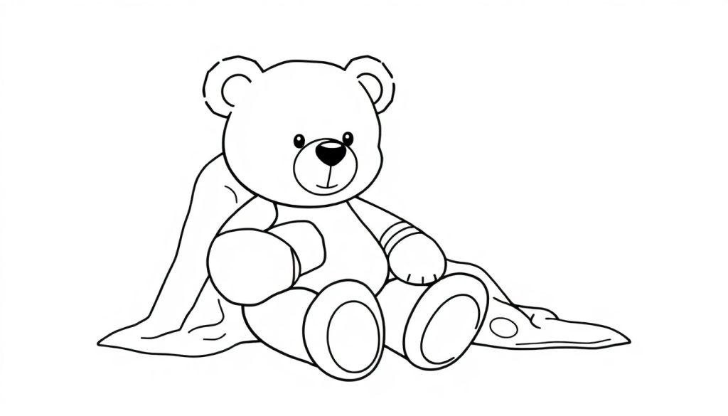 Eine Farbtafel eines Teddybären mit Verband und Decke.