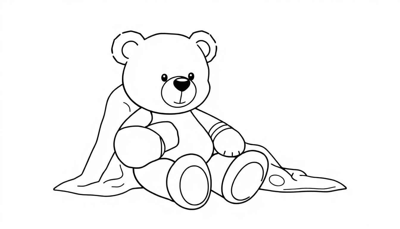 Eine Farbtafel eines Teddybären mit Verband und Decke.