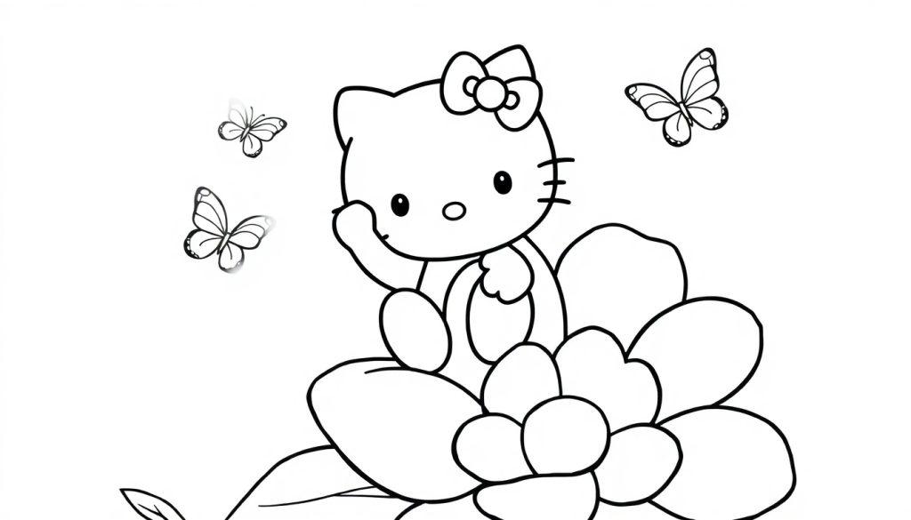 Hello Kitty sitzt auf einer Blume mit einer Schleife auf dem Kopf und drei Schmetterlingen fliegen um sie herum, bereit zum Ausmalen, eine Farbtafel.