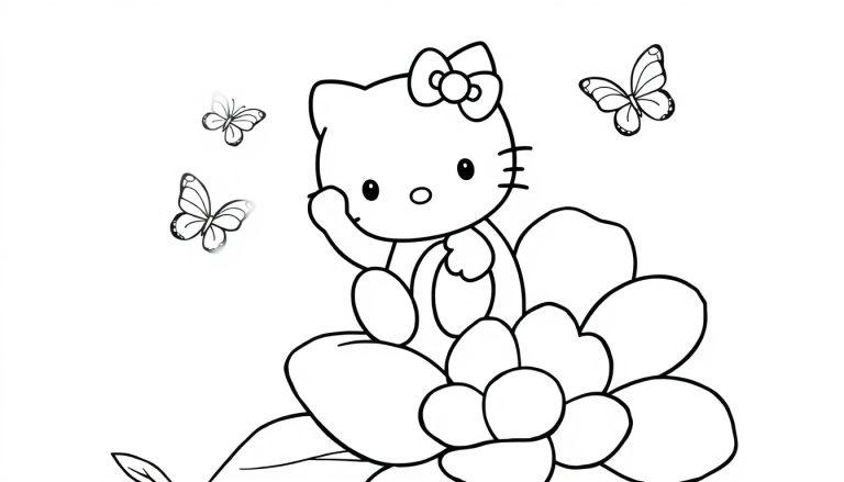 Hello Kitty sitzt auf einer Blume mit einer Schleife auf dem Kopf und drei Schmetterlingen fliegen um sie herum, bereit zum Ausmalen, eine Farbtafel.