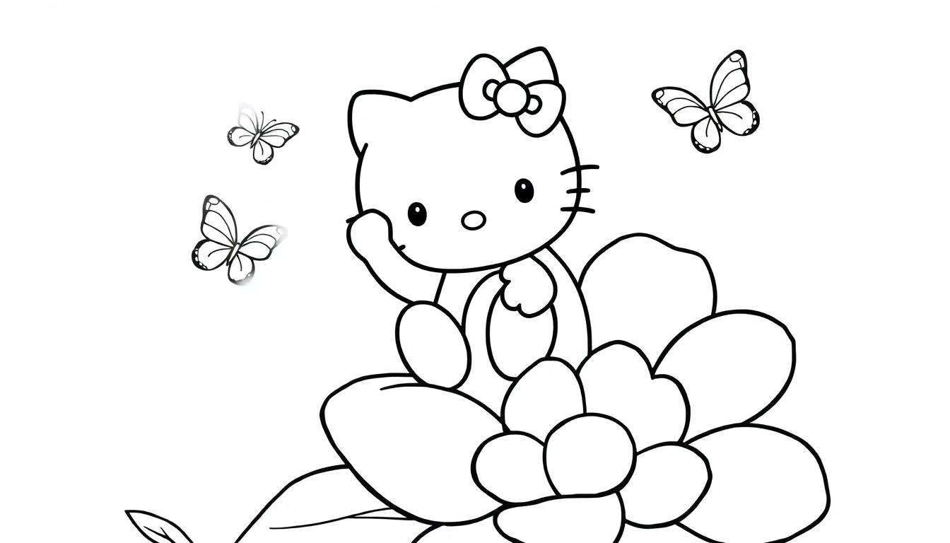 Hello Kitty sitzt auf einer Blume mit einer Schleife auf dem Kopf und drei Schmetterlingen fliegen um sie herum, bereit zum Ausmalen, eine Farbtafel.