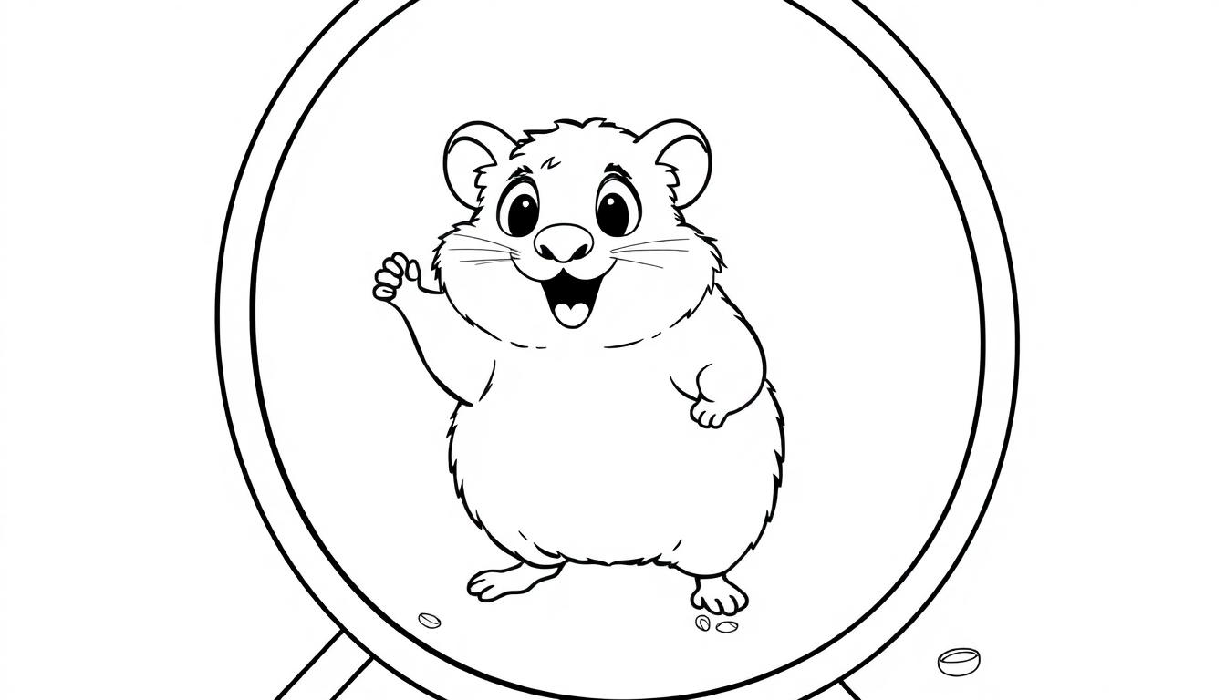 Schwarz-Weiß-Farbtafel eines lächelnden Comic-Hamsters in einem Laufrad mit gehobener Hand.