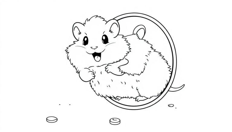 Schwarz-weiße Farbtafel eines niedlichen Hamsters, der in einem Laufrad rennt und lächelt.
