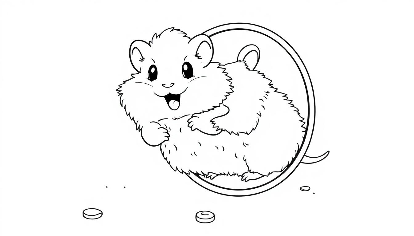 Schwarz-weiße Farbtafel eines niedlichen Hamsters, der in einem Laufrad rennt und lächelt.