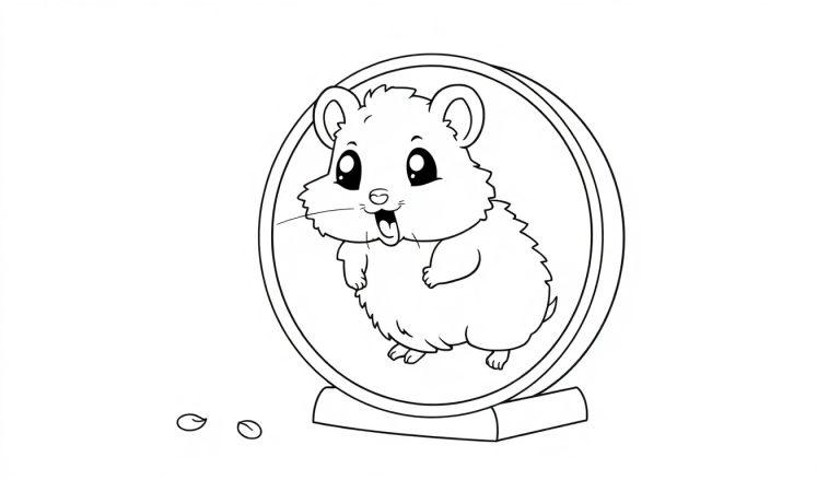 Eine Schwarz-Weiß-Farbtafel mit einem fröhlichen Hamster in einem Laufrad.