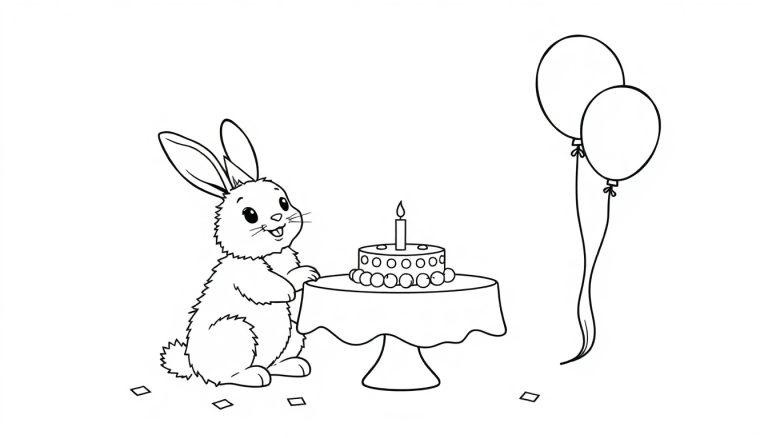 Schwarz-weiße Farbtafel eines niedlichen Cartoon-Kaninchens, das vor einem Geburtstagskuchen mit einer Kerze steht, mit zwei Ballons und Konfetti im Hintergrund.