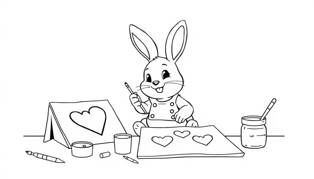 Ein Cartoon-Hase malt Herzen auf einer Farbtafel.