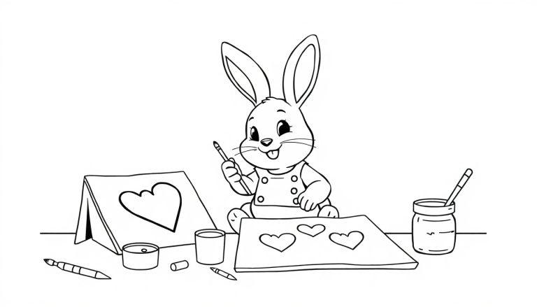 Ein Cartoon-Hase malt Herzen auf einer Farbtafel.