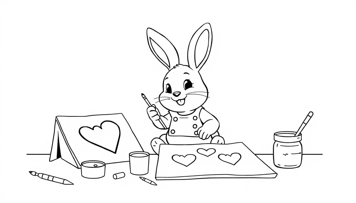 Ein Cartoon-Hase malt Herzen auf einer Farbtafel.