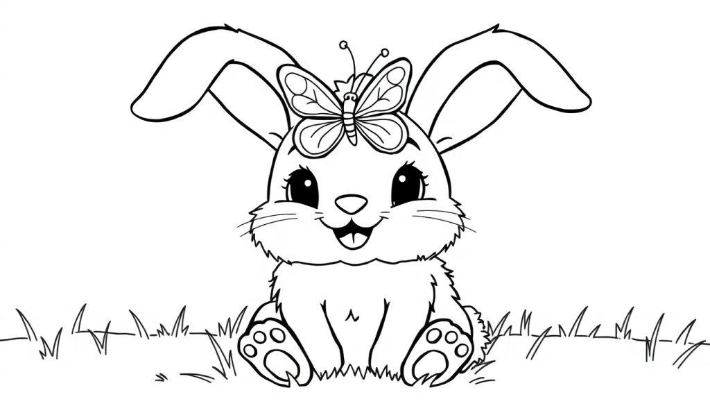 Schwarz-Weiß-Farbtafel eines Cartoon-Hasen mit einem Schmetterling auf seiner Nase.