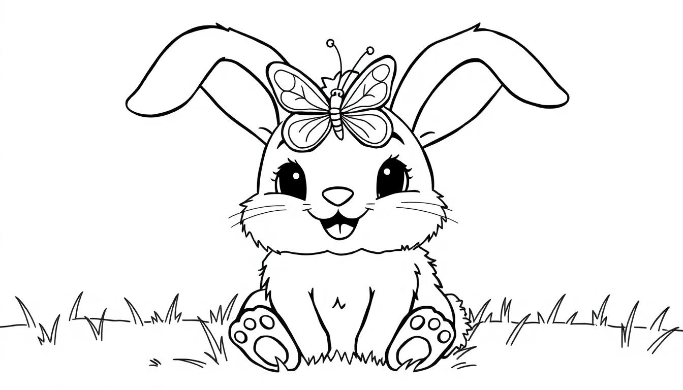 Schwarz-Weiß-Farbtafel eines Cartoon-Hasen mit einem Schmetterling auf seiner Nase.