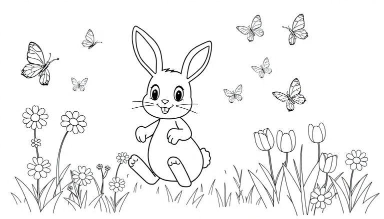 Schwarz-weiß-Farbtafel: Ein fröhlicher Hase in einer Blumenwiese mit Schmetterlingen.