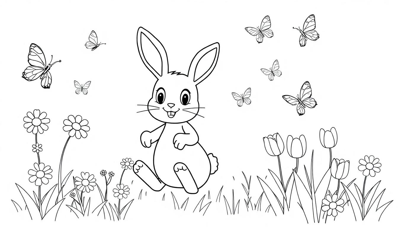 Schwarz-weiß-Farbtafel: Ein fröhlicher Hase in einer Blumenwiese mit Schmetterlingen.