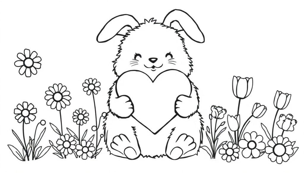 Eine Schwarz-Weiß-Farbtafel eines süßen Hasen, der ein Herz hält, umgeben von Blumen.