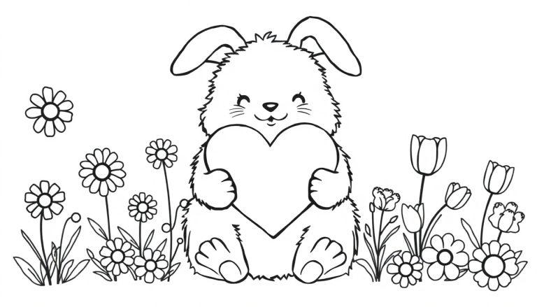 Eine Schwarz-Weiß-Farbtafel eines süßen Hasen, der ein Herz hält, umgeben von Blumen.