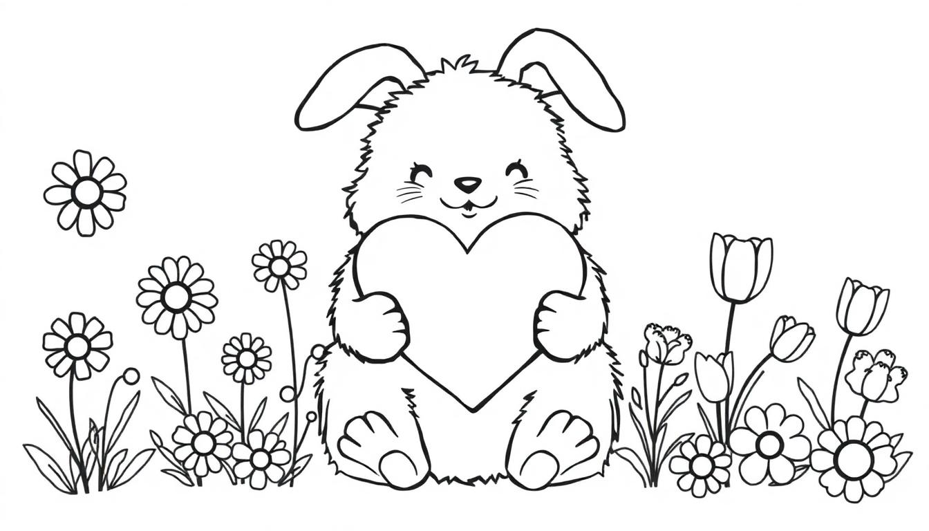 Eine Schwarz-Weiß-Farbtafel eines süßen Hasen, der ein Herz hält, umgeben von Blumen.