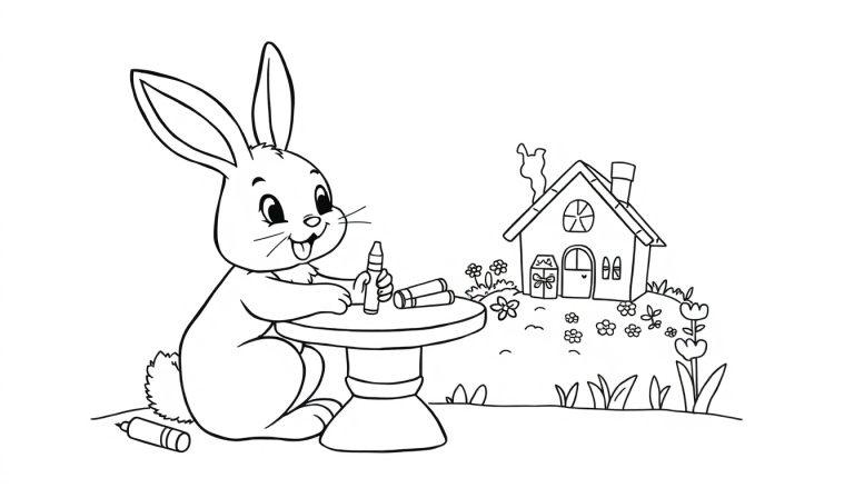 Schwarz-Weiß-Malvorlage: Ein Cartoon-Hase sitzt an einem Tisch und malt mit Buntstiften, im Hintergrund ein Haus.