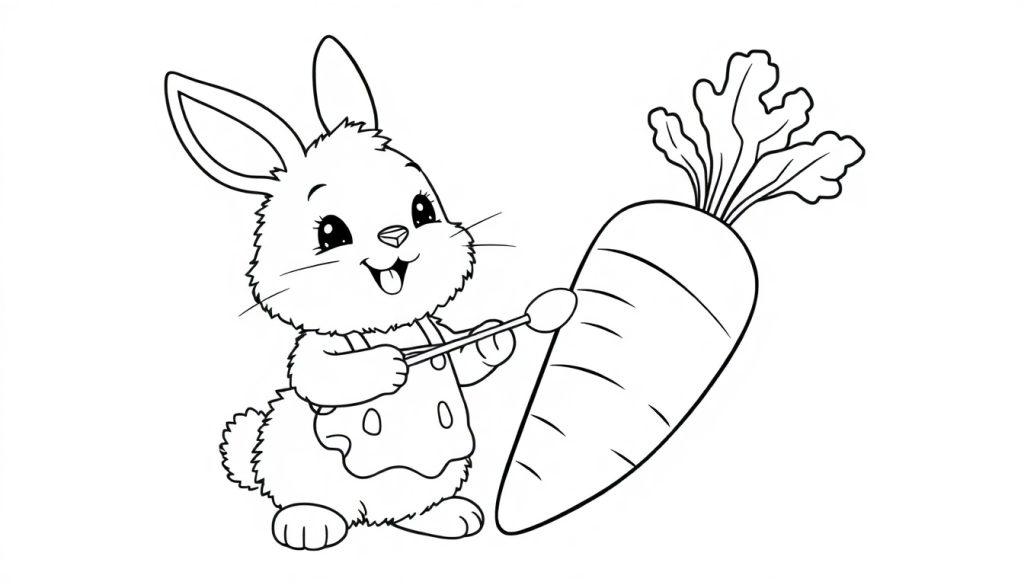 Schwarz-weiße Farbtafel-Zeichnung eines niedlichen Cartoon-Hasen mit Schürze, der mit einem Stift eine große Karotte bemalt.