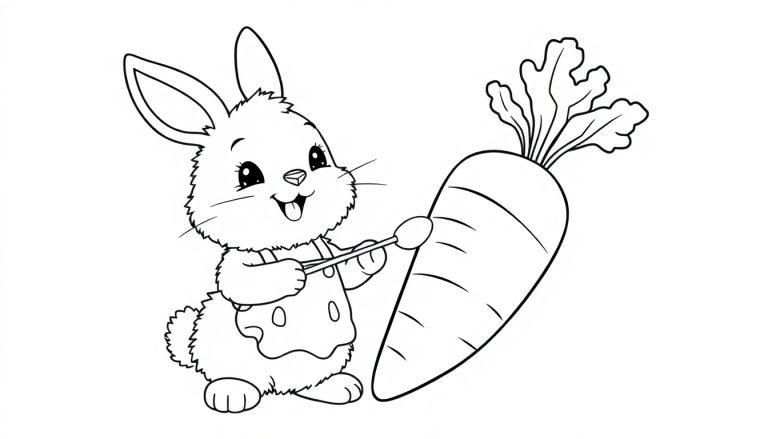 Schwarz-weiße Farbtafel-Zeichnung eines niedlichen Cartoon-Hasen mit Schürze, der mit einem Stift eine große Karotte bemalt.