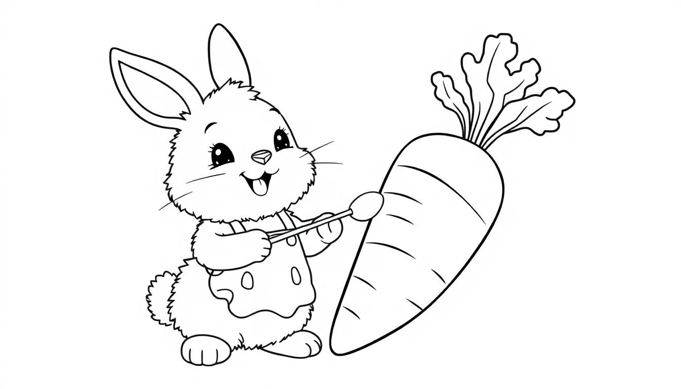 Schwarz-weiße Farbtafel-Zeichnung eines niedlichen Cartoon-Hasen mit Schürze, der mit einem Stift eine große Karotte bemalt.