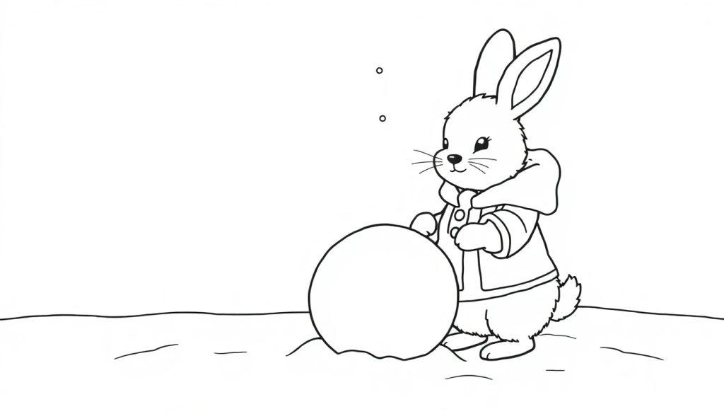 Schwarz-Weiß-Farbtafel eines Hasen im Mantel, der einen Schneeball schiebt.