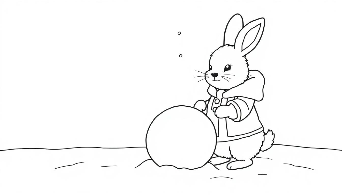 Schwarz-Weiß-Farbtafel eines Hasen im Mantel, der einen Schneeball schiebt.