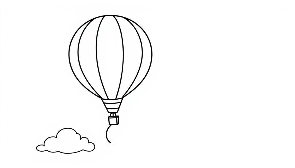 Schwarz-weiß Zeichnung eines einfachen Heißluftballons mit einem Korb, der über einer stilisierten Wolke schwebt. Farbtafel.