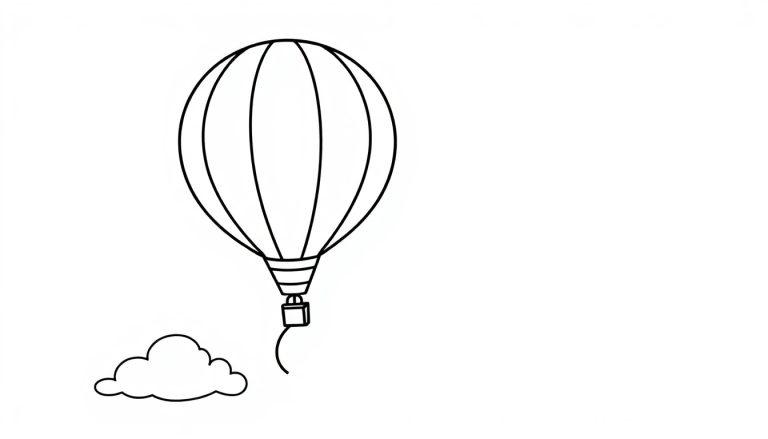 Schwarz-weiß Zeichnung eines einfachen Heißluftballons mit einem Korb, der über einer stilisierten Wolke schwebt. Farbtafel.