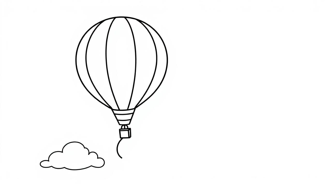 Schwarz-weiß Zeichnung eines einfachen Heißluftballons mit einem Korb, der über einer stilisierten Wolke schwebt. Farbtafel.