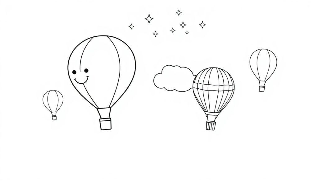 Schwarz-Weiß-Farbtafel mit mehreren Heißluftballons, einigen Sternen und einer Wolke.