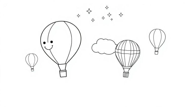 Schwarz-Weiß-Farbtafel mit mehreren Heißluftballons, einigen Sternen und einer Wolke.
