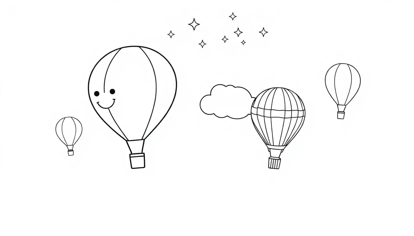 Schwarz-Weiß-Farbtafel mit mehreren Heißluftballons, einigen Sternen und einer Wolke.