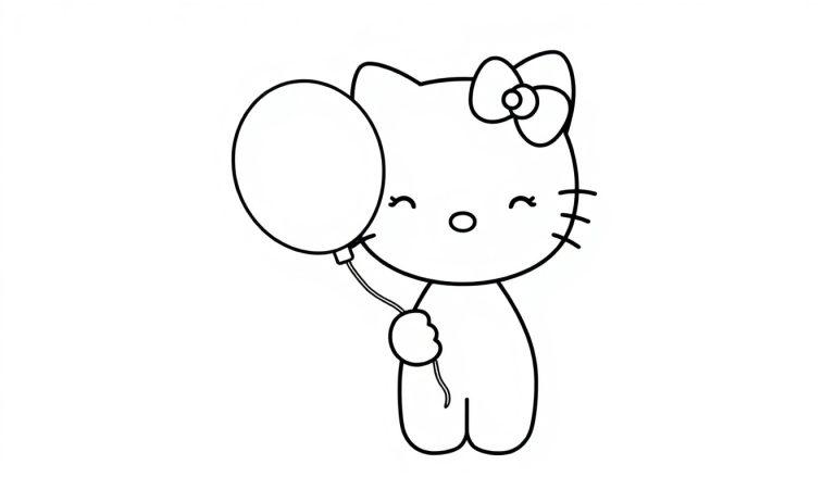Schwarz-weiße Farbtafel-Zeichnung von Hello Kitty mit einem Ballon.
